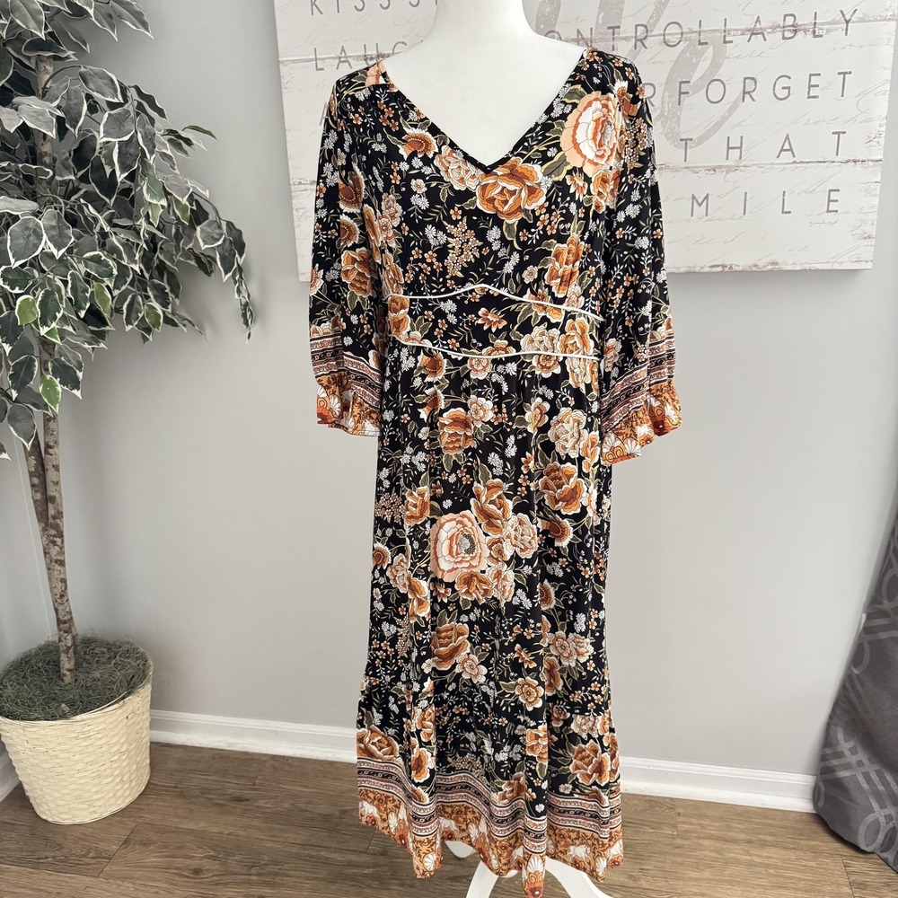 Bloomchic Dress Women 10 Black Floral Boho Maxi V Neck Bell Sleeve Ruffle Hippie
